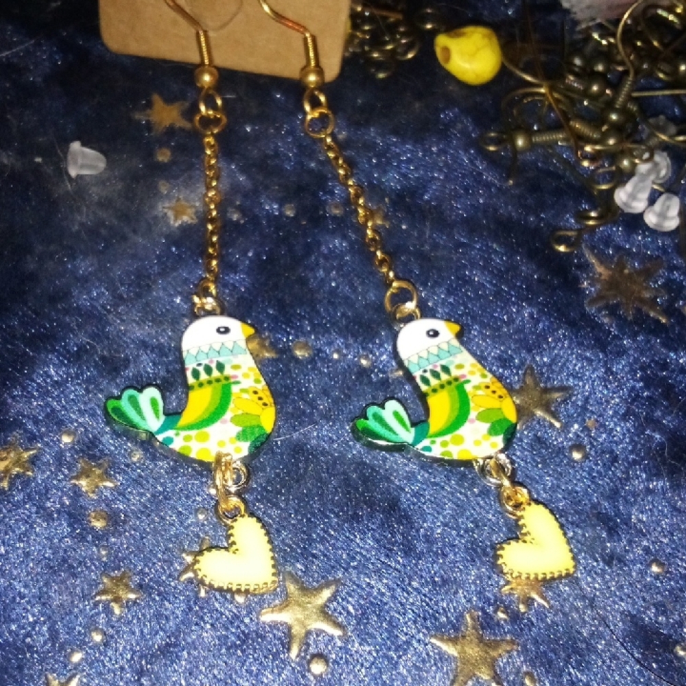 Colorful Bird Earrings with Heart Charms